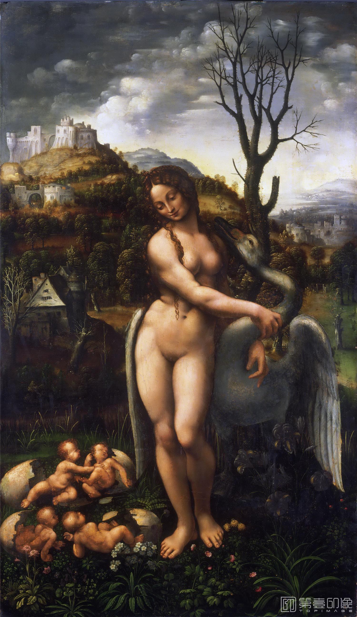 油画-美国费城美术馆藏画-Attributed to Fernando Yañez (Fernando de Almedina), Spanish (active Valencia and Italy), documented 1504-5-1536 - Leda and the Swan-056